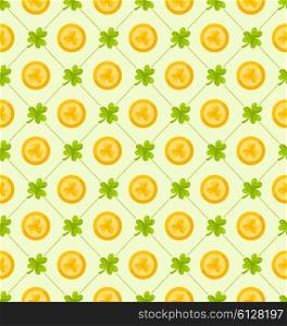 Illustration Seamless Pattern with Clovers and Golden Coins for St. Patricks Day, Cute Background - Vector