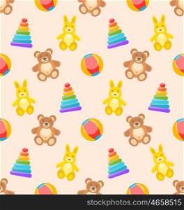 Illustration Seamless Pattern with Colorful Children Toys. Funny Background with Rabbits, Bears, Pyramids, Balls - Vector