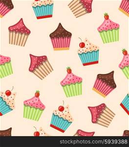 . Illustration Seamless Pattern with Different Muffins Sweet Wallpaper - Vector