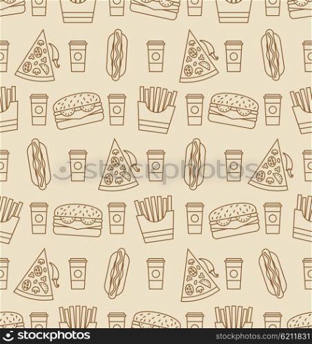 Illustration Seamless Pattern with Fast Food. Contour Icons of Hot Dogs, Hamburgers, Slices of Pizza, French Fries, Coffee - Vector