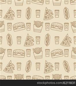 Illustration Seamless Pattern with Fast Food. Contour Icons of Hot Dogs, Hamburgers, Slices of Pizza, French Fries, Coffee - Vector
