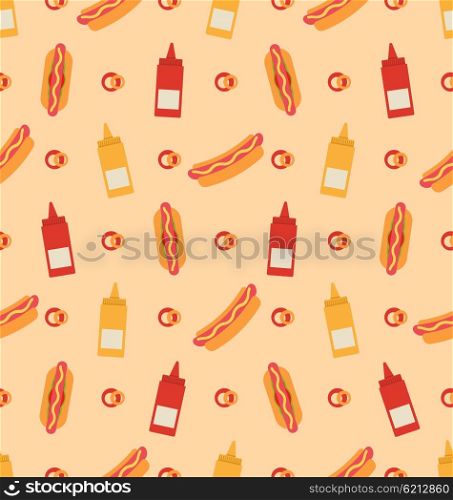 Illustration Seamless Pattern with Hot Dogs, Bottles of Mustard and Ketchup. Fast Food Background - Vector