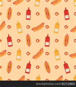 Illustration Seamless Pattern with Hot Dogs, Bottles of Mustard and Ketchup. Fast Food Background - Vector