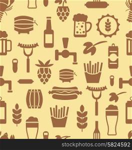 Illustration Seamless Pattern with Icons of Beers and Snacks, Old Food Wallpaper - Vector