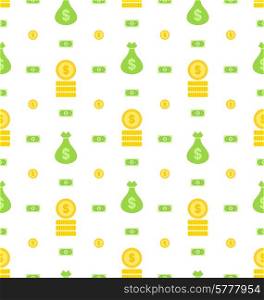 Illustration Seamless Pattern with Money Bag, Bank Notes, Coins, Flat Finance Icons - Vector