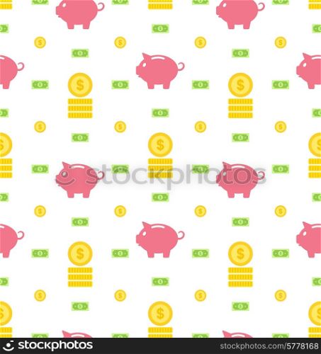 Illustration Seamless Pattern with Moneybox, Bank Notes, Coins, Flat Finance Icons - Vector