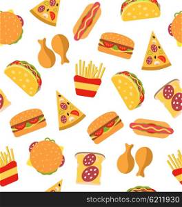 Illustration Seamless Pattern with Set Fast Food Flat Icons. Sandwiches, Hot Dogs, Hamburgers, Slices of Pizza, Taco, Chicken Legs, French Fries - Vector