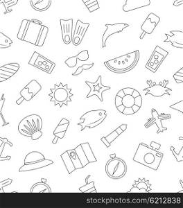 Illustration Seamless Pattern with Tourism and Holiday Objects and Icons. Summer Texture, Outline Style - Vector