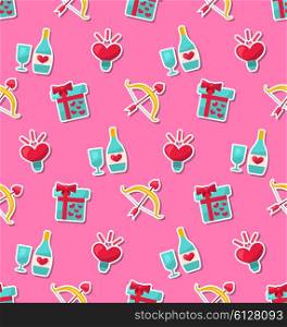 Illustration Seamless Pattern with Traditional Objects and Elements for Valentines Day. Bright Wallpaper - Vector