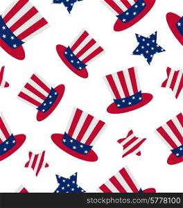Illustration seamless pattern with Uncle Sam&rsquo;s top hat and stars for american holidays, repeating backdrop - vector