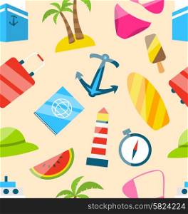 Illustration Seamless Texture of Travel on Holiday Journey, Summer Flat Icons - Vector
