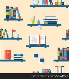 Illustration Seamless Texture with Books on Bookshelves, Flat Minimal Design Style - Vector