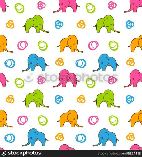 Illustration Seamless Texture with Colorful Cartoon Elephants - Vector