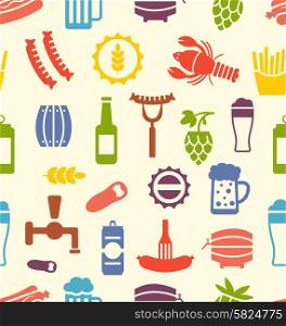 Illustration Seamless Texture with Colorful Icons of Beers and Snacks, Food Wallpaper - Vector