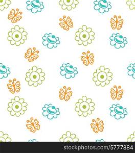 Illustration Seamless Texture with Flowers and Butterflies, Elegance Pattern - Vector