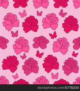 Illustration Seamless Texture with Flowers Roses and Butterflies, Pink Romantic Pattern - Vector