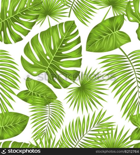 Illustration Seamless Texture with Green Tropical Leaves, Summer Beautiful Wallpaper - Vector