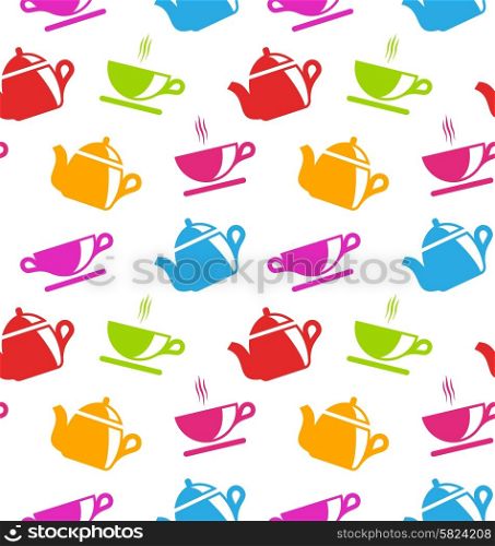 Illustration Seamless Texture with Teapots and Teacups, Colorful Wallpaper - Vector Illustration Seamless Texture with Teapots and Teacups, Colorful Wallpaper - Vector
