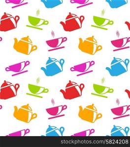 Illustration Seamless Texture with Teapots and Teacups, Colorful Wallpaper - Vector Illustration Seamless Texture with Teapots and Teacups, Colorful Wallpaper - Vector