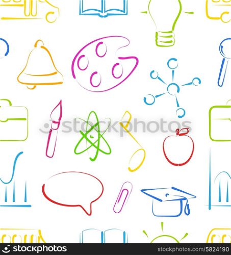 Illustration Seamless Wallpaper with Colorful Set School Objects, Doodle Style- Vector