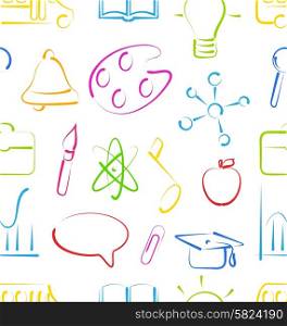 Illustration Seamless Wallpaper with Colorful Set School Objects, Doodle Style- Vector