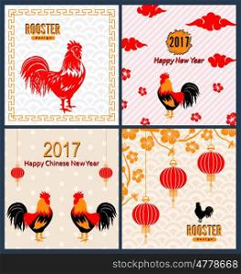 Illustration Set Banners with Chinese New Year Roosters, Blossom Sakura Flowers, Lanterns. Templates for Design Greeting Cards, Invitations, Flyers etc. - Vector