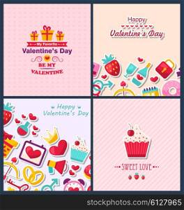 Illustration Set Beautiful Banners with Traditional Elements for Happy Valentine&rsquo;s Day. Romantic Greetings Cards. Templates Brochures - Vector
