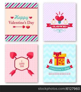 Illustration Set Beautiful Brochures with Traditional Objects for Happy Valentine&rsquo;s Day. Romantic Stickers - Vector