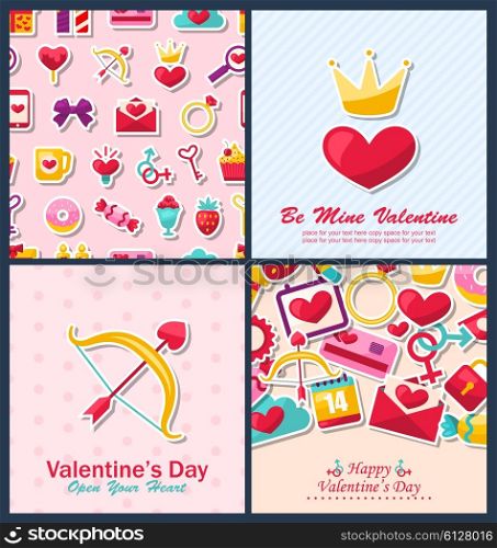Illustration Set Beautiful Brochures with Traditional Objects for Happy Valentine&rsquo;s Day. Romantic Invitations - Vector