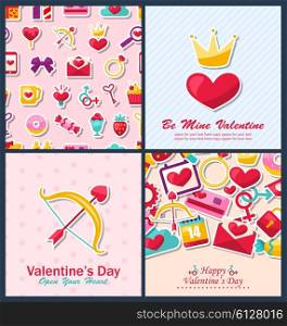 Illustration Set Beautiful Brochures with Traditional Objects for Happy Valentine&rsquo;s Day. Romantic Invitations - Vector