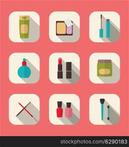 Illustration set beauty and makeup icons with long shadow, modern flat design - vector