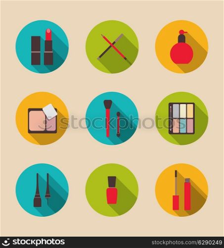 Illustration set beauty and makeup icons with long shadow, modern flat design - vector