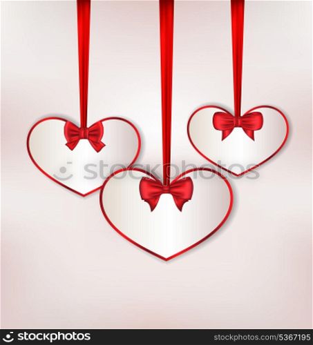Illustration set card heart shaped with silk bow for Valentine Day - vector