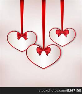 Illustration set card heart shaped with silk bow for Valentine Day - vector