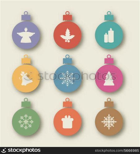 Illustration set Christmas balls with traditional elements - angel, holly berry, candle, snowflakes, bell, tree, gift - vector