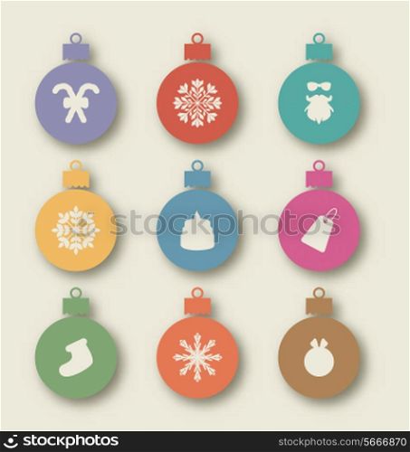 Illustration set Christmas balls with traditional elements - caramel cane, santa claus, snowflakes, cake, sock - vector