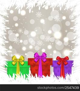 Illustration set Christmas gift boxes on glowing background - vector