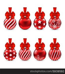 Illustration Set Christmas Red Glassy Balls with Bows and Different Textures, Isolated on White Background - Vector
