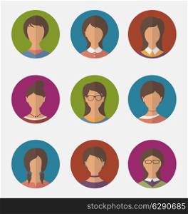 Illustration set colorful female faces circle icons, trendy flat style - vector
