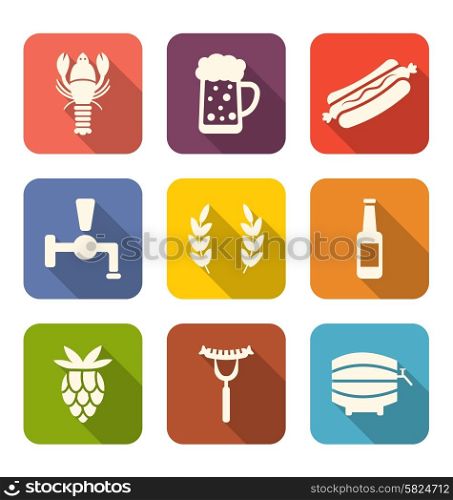 Illustration Set Colorful Icons of Beers and Snacks, Long Shadows Style - Vector