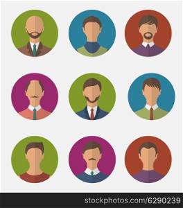 Illustration set colorful male faces circle icons, trendy flat style - vector