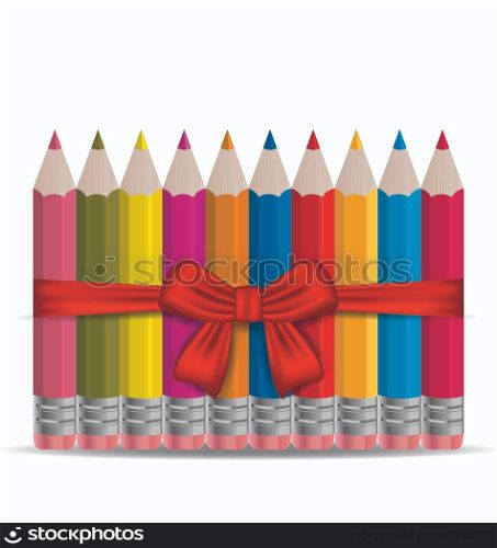 Illustration set colorful pencils decorated by bow on white background - vector
