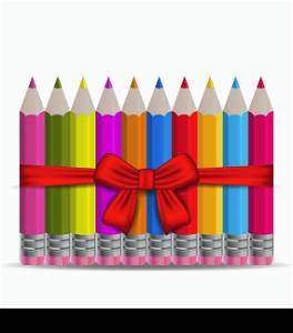Illustration set colorful pencils decorated by bow on white background - vector