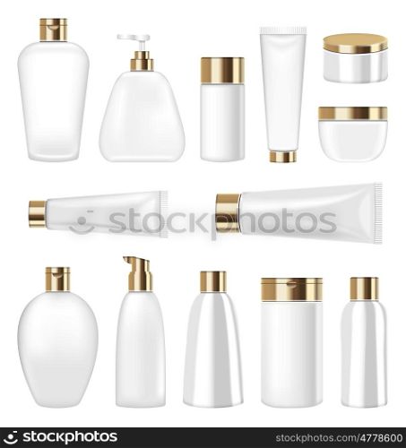 Illustration Set Cosmetic Plastic Bottle and Tube Isolated on White Background. Collection Container for Soap, Gel, Lotion, Mask, Shampoo, Bath Foam - Vector