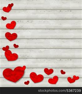Illustration set crumpled paper hearts on wooden background - vector