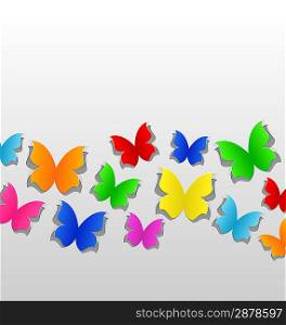 Illustration set cut out colorful butterfly, grey paper - vector