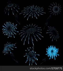 Illustration set different fireworks on dark background - vector