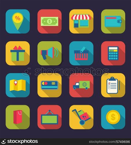 Illustration set flat colorful icons of e-commerce shopping symbol, online shop elements and commerce item, long shadow design - vector