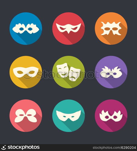 Illustration set flat icons of Carnival or theatre masks with long shadows - vector