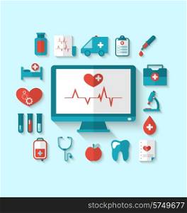 Illustration set flat icons of objects and equipments medicine laboratory - vector